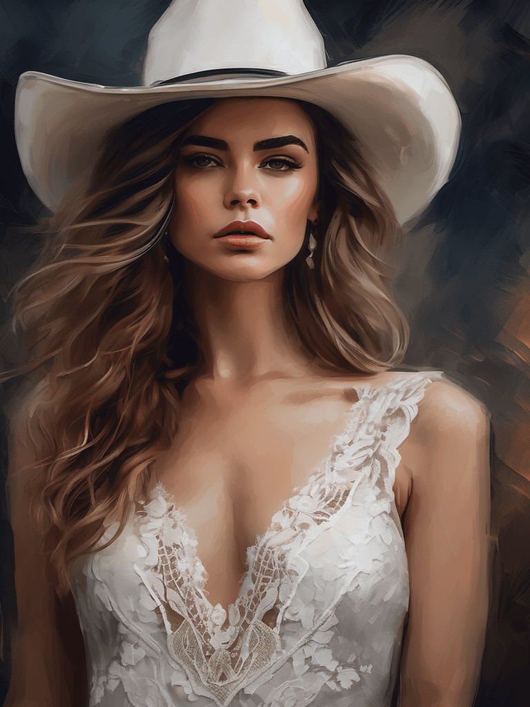 AI generated: digital portrait of a beautiful girl, hat, long wavy hair, beautiful white dress, elegant, calm, mys...
