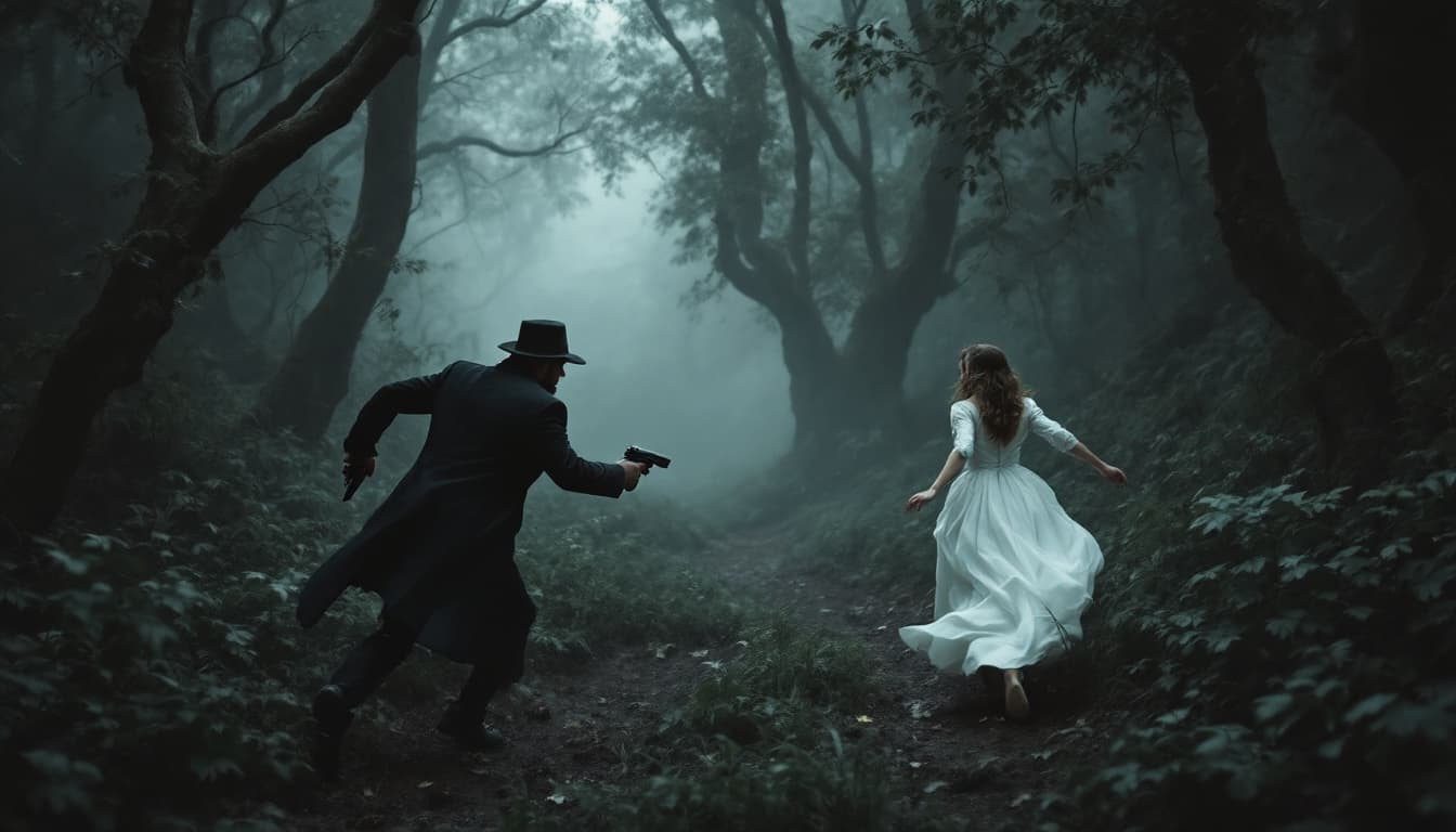 AI generated:  a man wearing black coat and hat running with a pistol in hand towards a back side running girl wea...