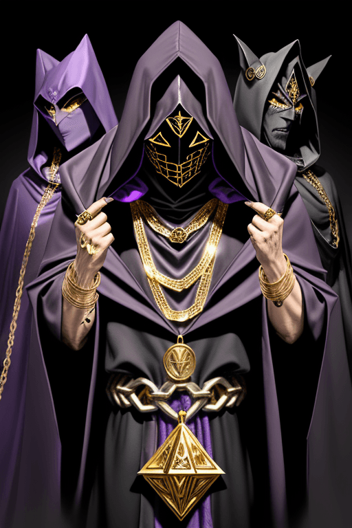 AI generated: Shadow wizard money gang, in purple cloak hood, dark face, gold chains and jewellery. Gold triangle ...