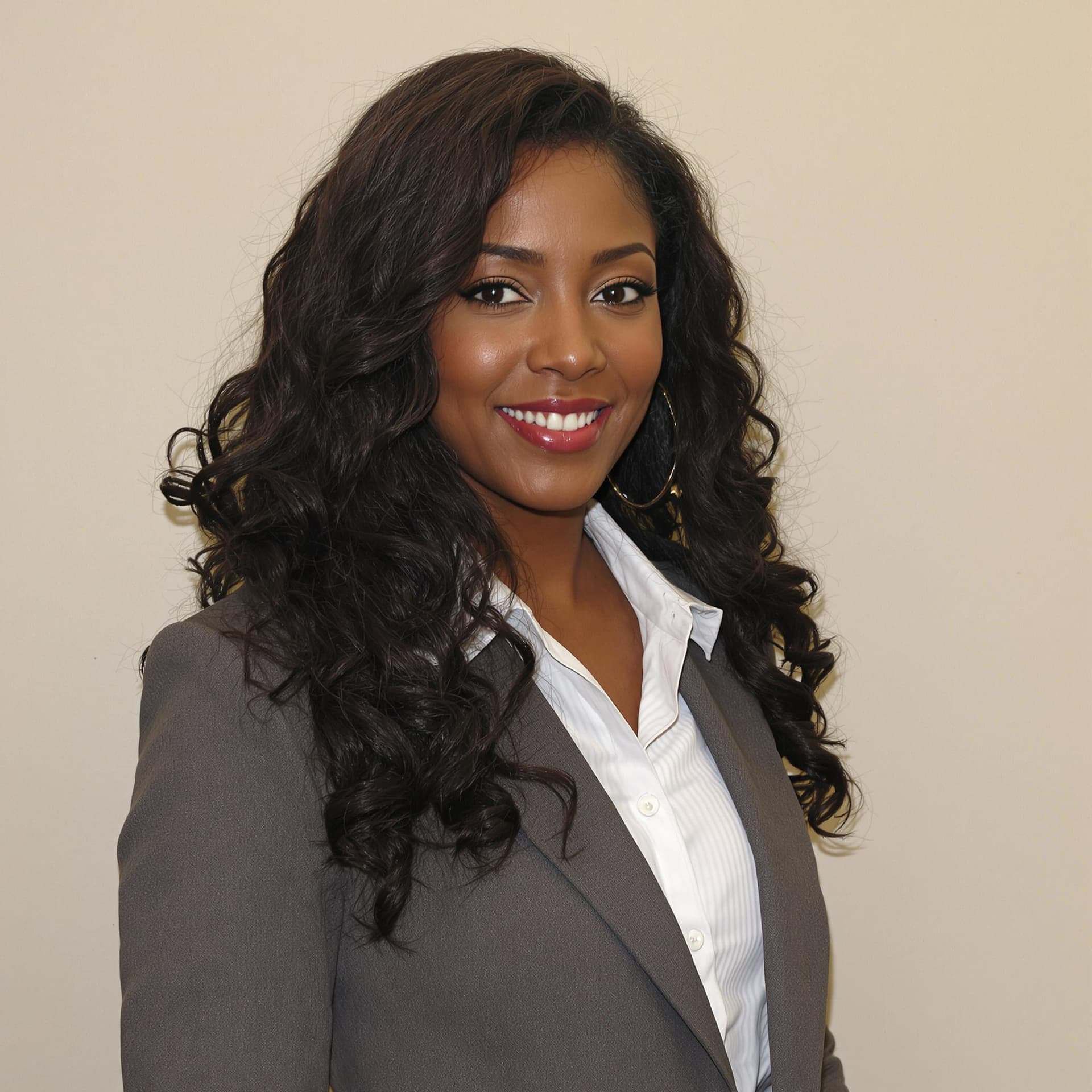AI generated: A black woman with long, curly dark brown hair, wearing business casual attire. She has fair skin an...
