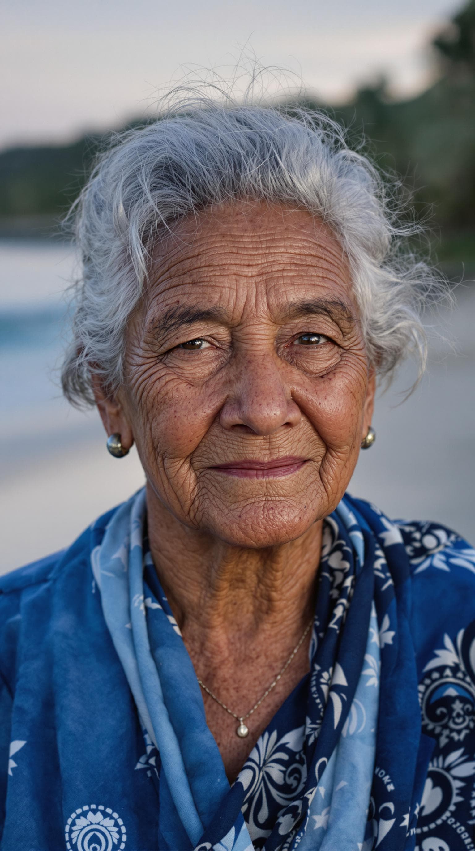AI generated: Photorealistic portrait of an elderly Polynesian woman inspired by Gramma Tala; authentic human feat...