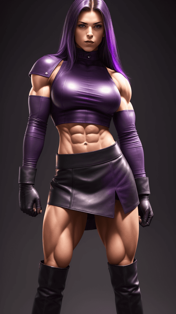 AI generated: 20 year old very muscular girl with muscular abs and toned biceps wears dark purple Leather skirt, d...