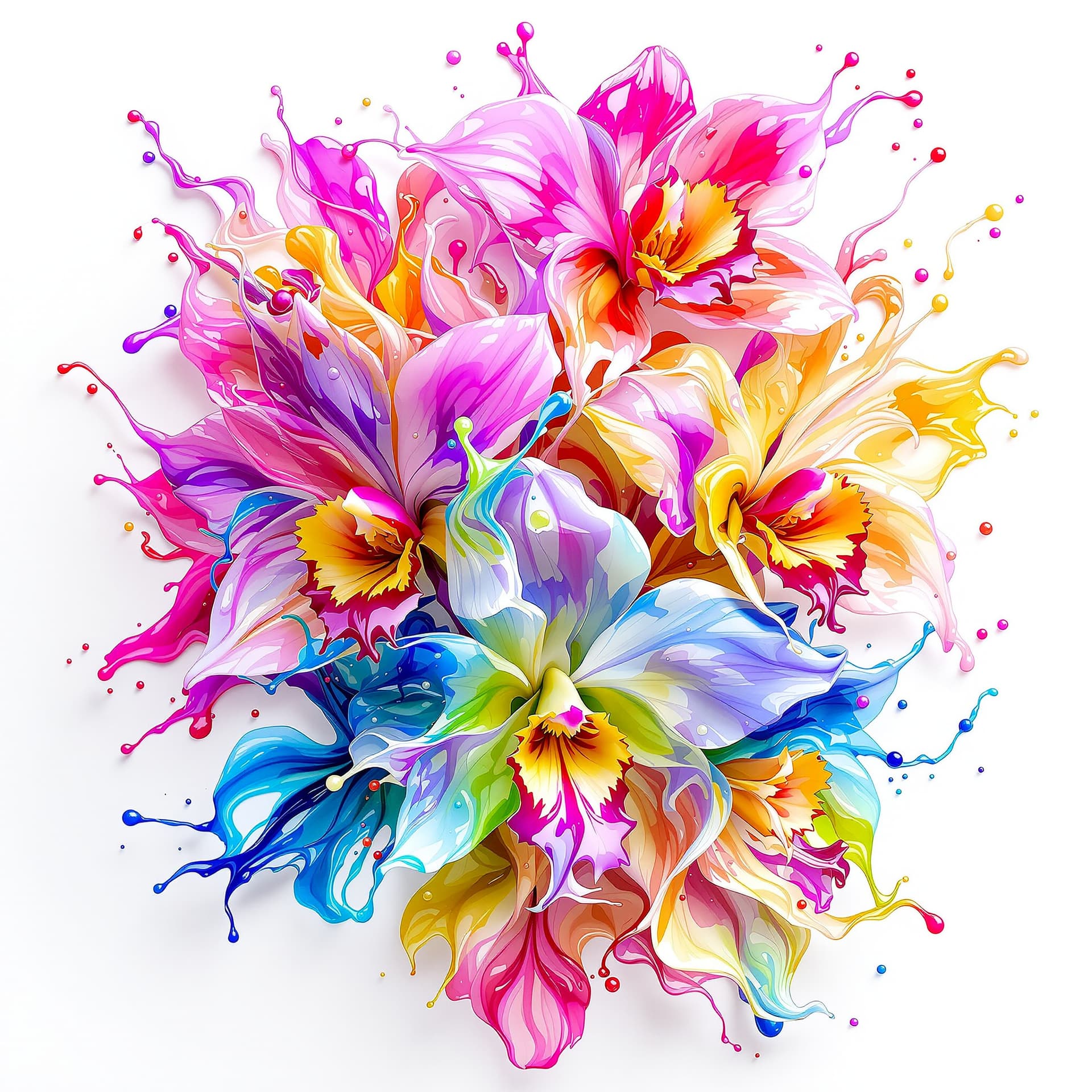 AI generated: 3d orchids flowers made of fluids  transparant liquid paint vivid and multicolored wet look joined t...