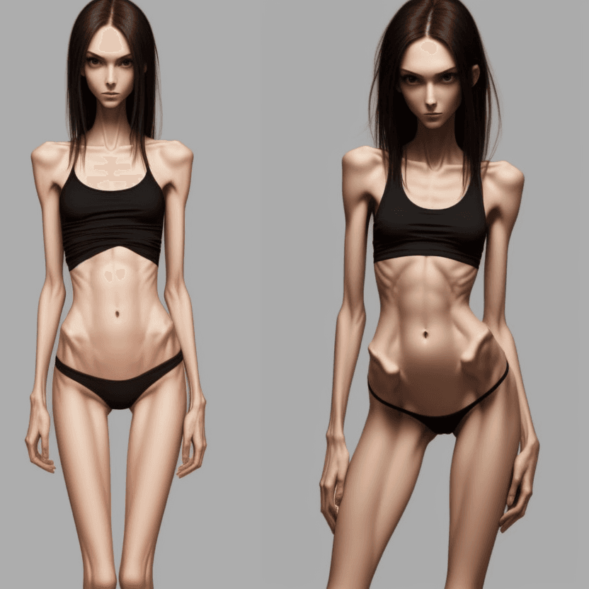 AI generated: extreme beautiful skinny slender (almost anorexic)  girl with skinny slender thighs narrow, 