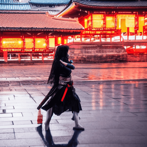 AI generated: (Asian girl wearing intricate samurai armor:1.5), cyberpunk rainy city, (dynamic pose, action scene)...