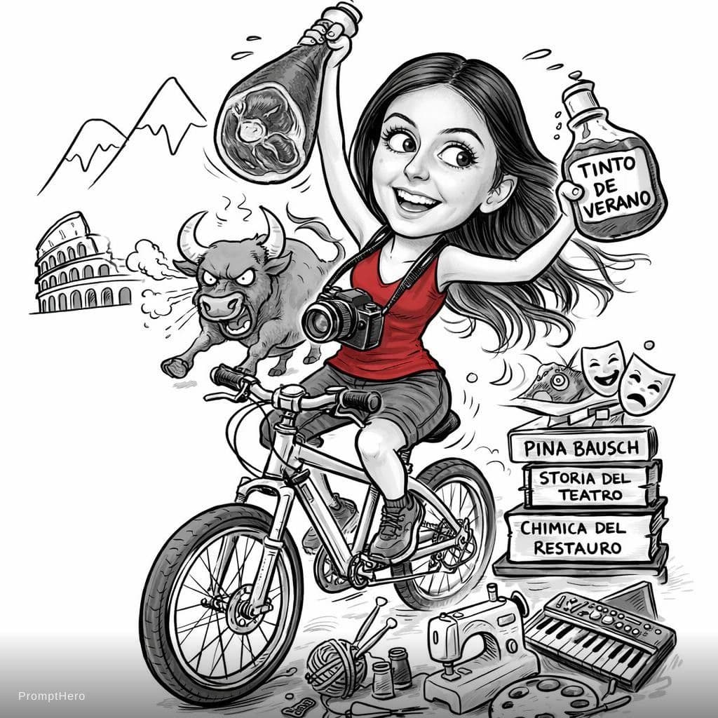 AI generated: Make an image of a caricature following the draft of the one with the character on the bike, taking ...