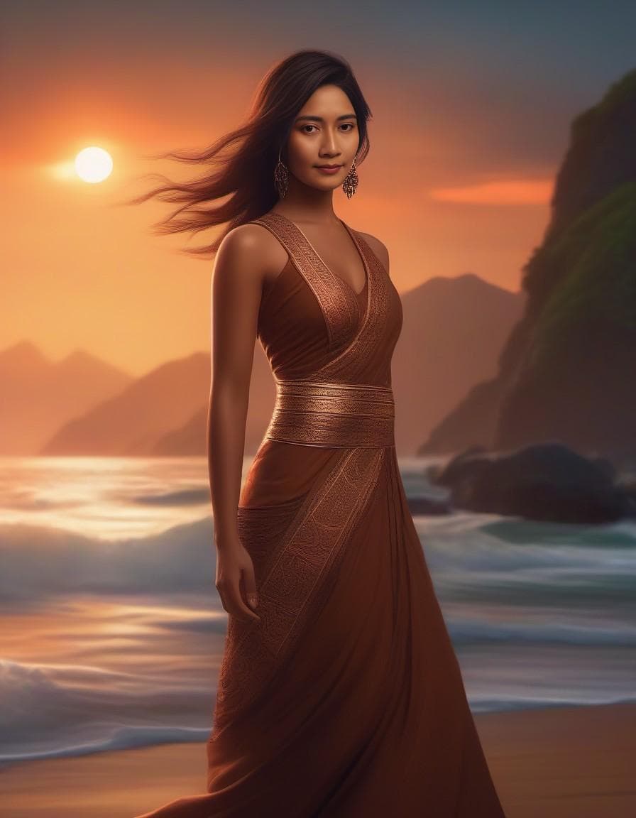 AI generated: A stunning full body portrait of a maori woman, island background, sunset, charlie bowater, volumetr...
