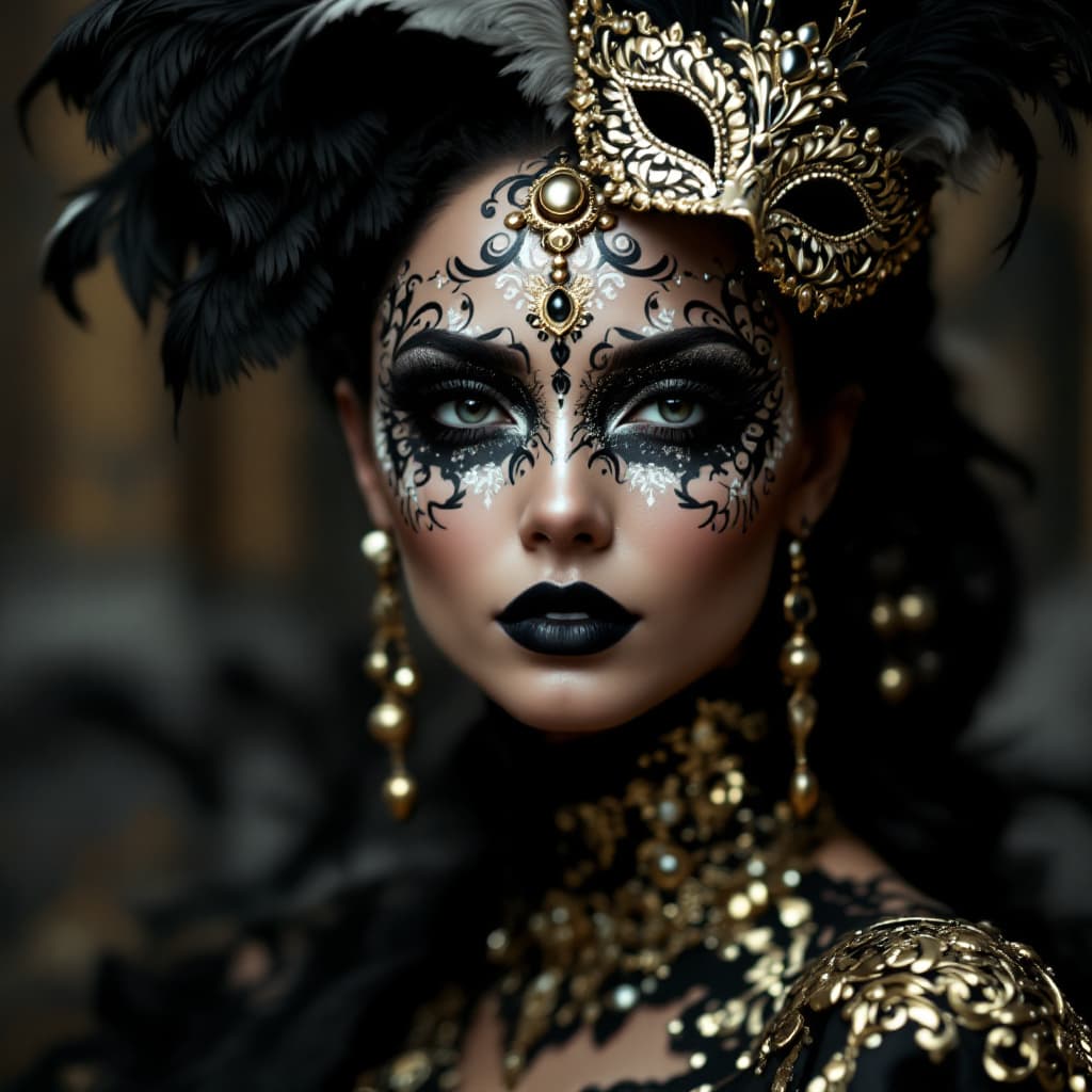 AI generated: This image features an individual adorned with intricate and opulent designs on their face. The blac...