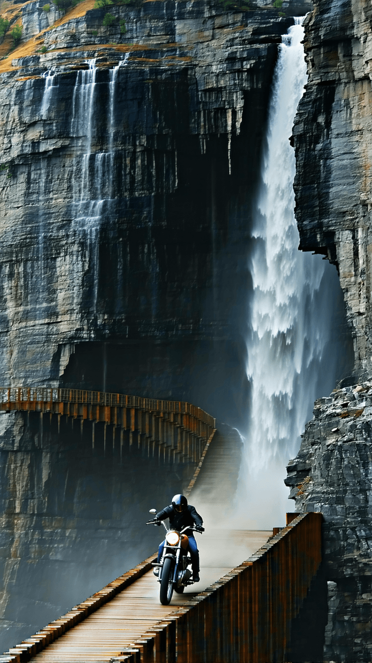 AI generated: POV helmet camera shot of a Harley-Davidson Iron 883 rider descending a fractured walkway carved int...