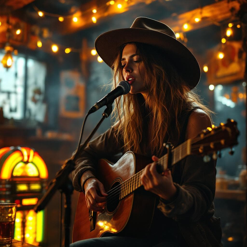 AI generated: A rugged, soulful woman with long, wind-tousled hair spilling from beneath a weathered wide-brimmed ...