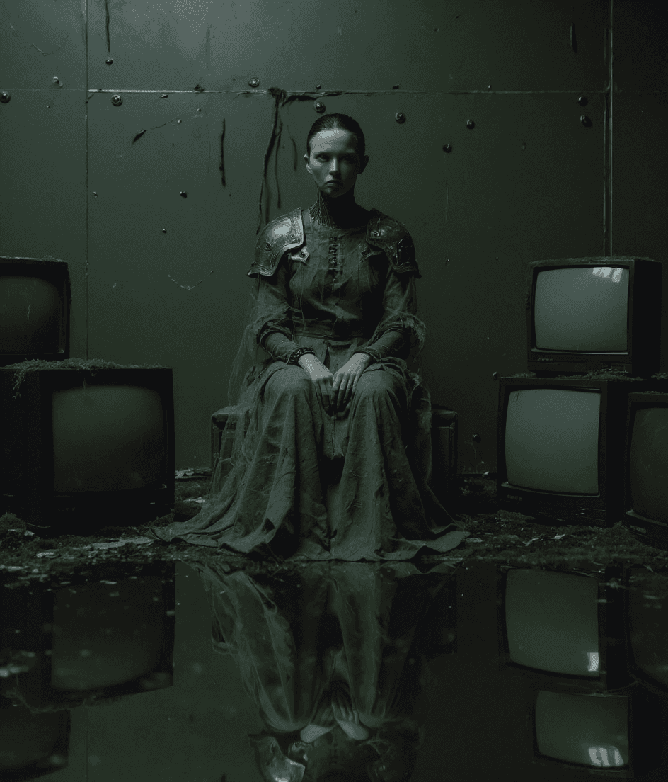 AI generated: A young adult woman, light-skinned, with dark hair, sits in a decaying room.  Her expression is seri...