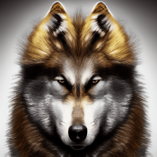 AI generated: anthropomorphic old husky wolf warrior (long haired, wind, epic fur, gold and diamond armor). Baryta...