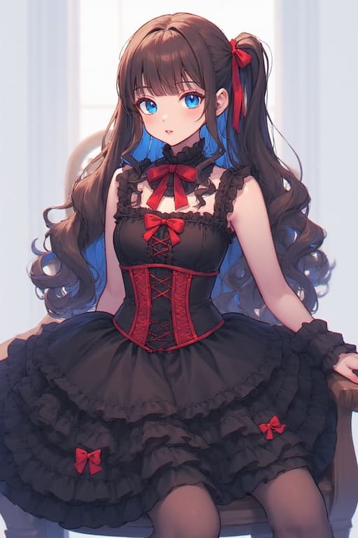 AI generated: A anime-styled waist-length portrait of teenage regular girl with blue eyes and waist-length, wavy, ...