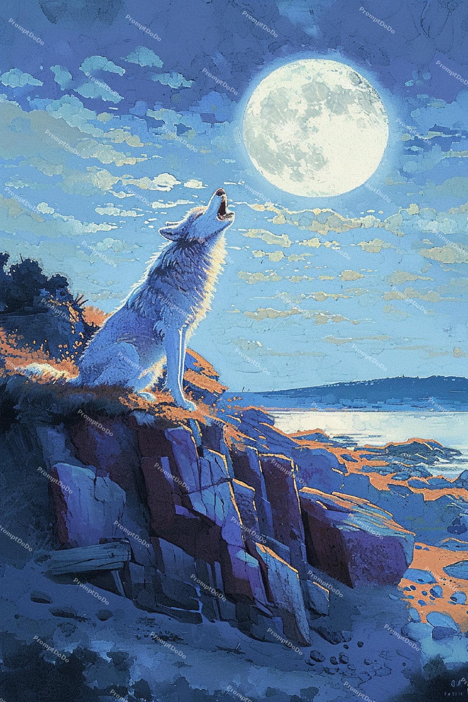 AI generated: Fearless wolf, howling at the moon, with piercing eyes and graceful movements, by Pixar Animation St...