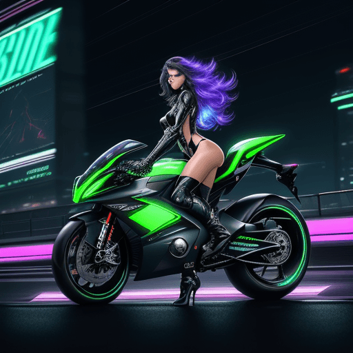 AI generated: Electrifying scene captures a stunning woman astride a futuristic race motorcycle, its sleek frame b...