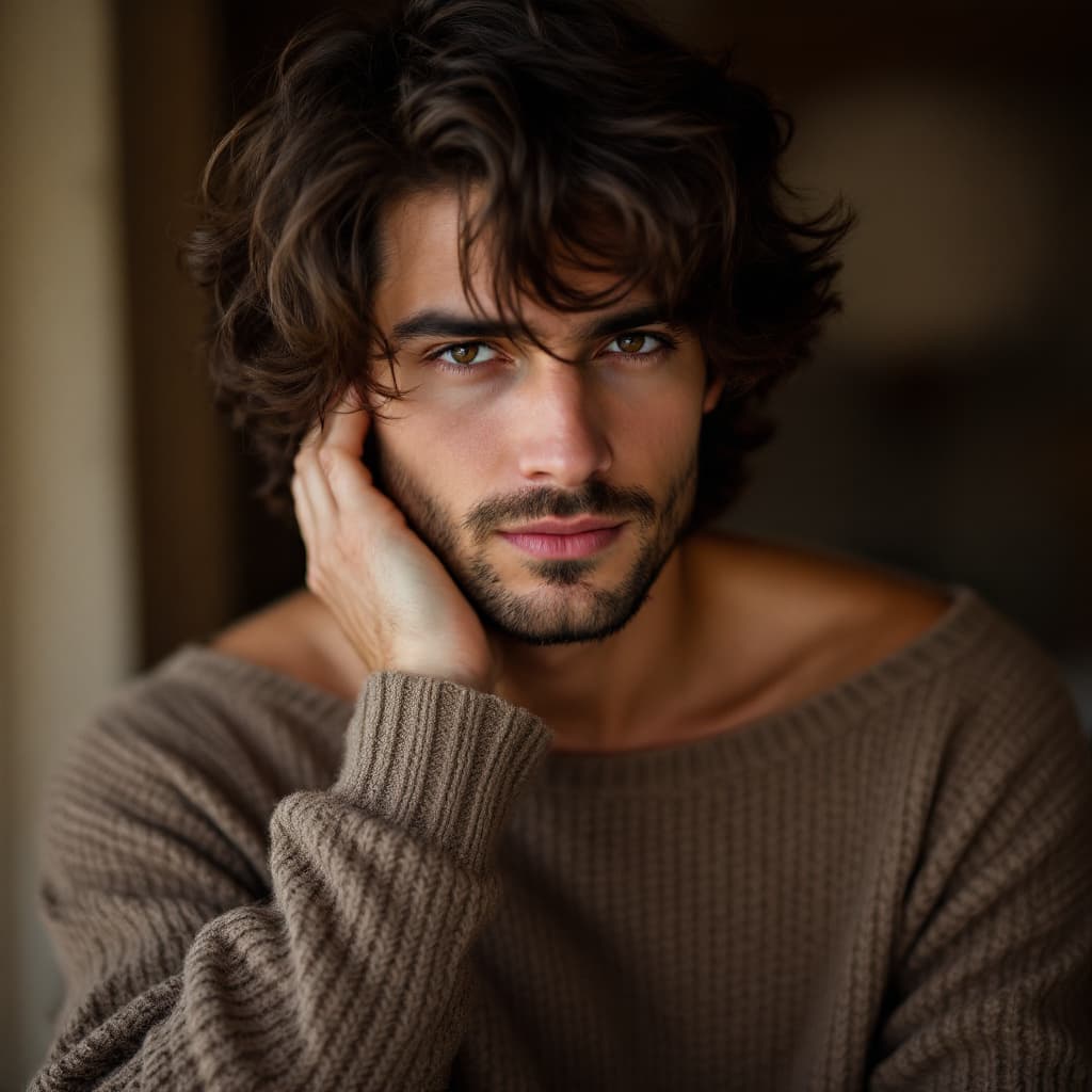 AI generated: A men with wavy dark brown hair, wearing an off-shoulder oversized brown knit sweater. He gazes soft...