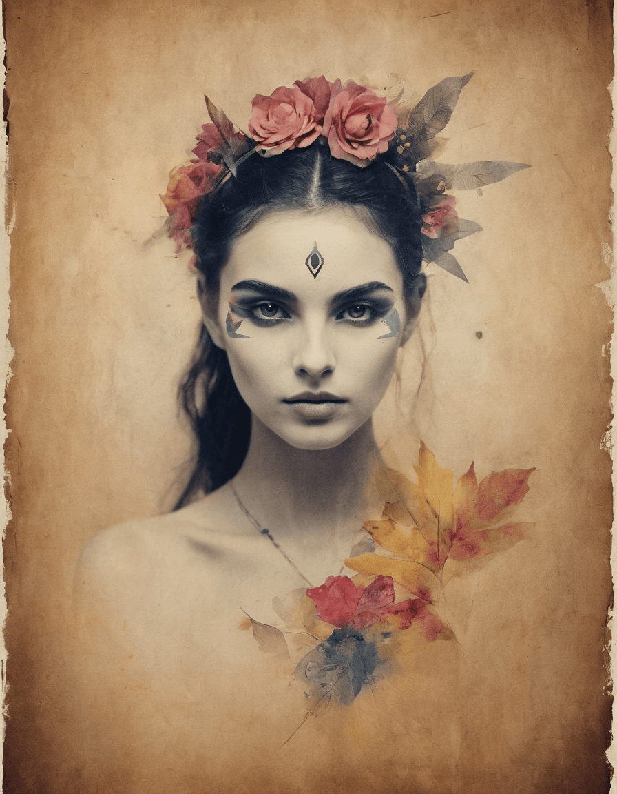 AI generated: old paper close-up woman portrait, painted face, flowers, beauty, minimalist, decorative full flowin...