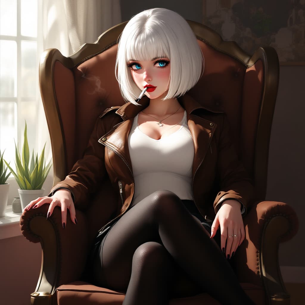 AI generated: anime, woman, white hair, bob cut, blue eyes, freckles, red lips, closed lips, white sweater, tight ...