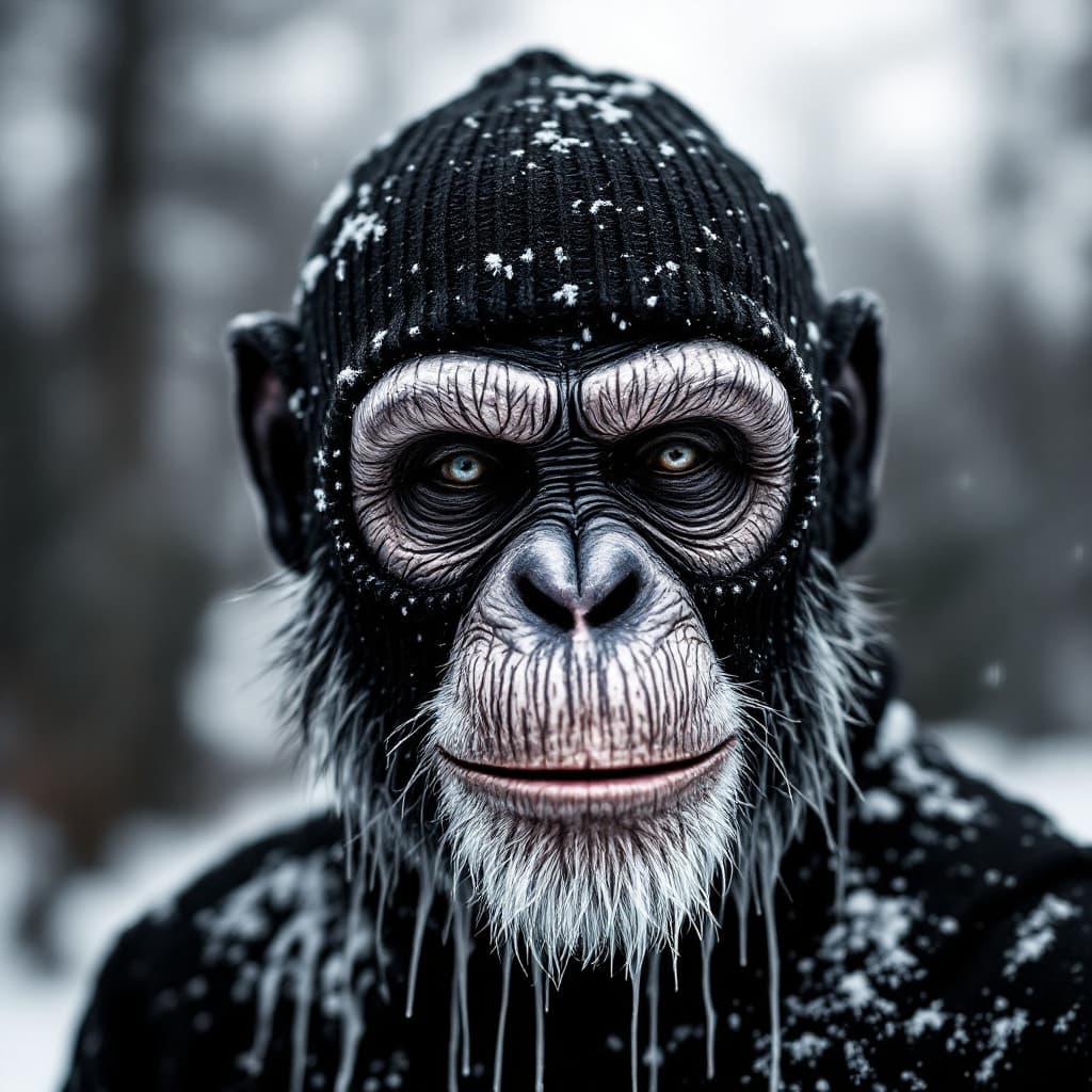 AI generated: a black ribbed knit skimask, 3 holes, painted flat chimpface on it in wet white paint
