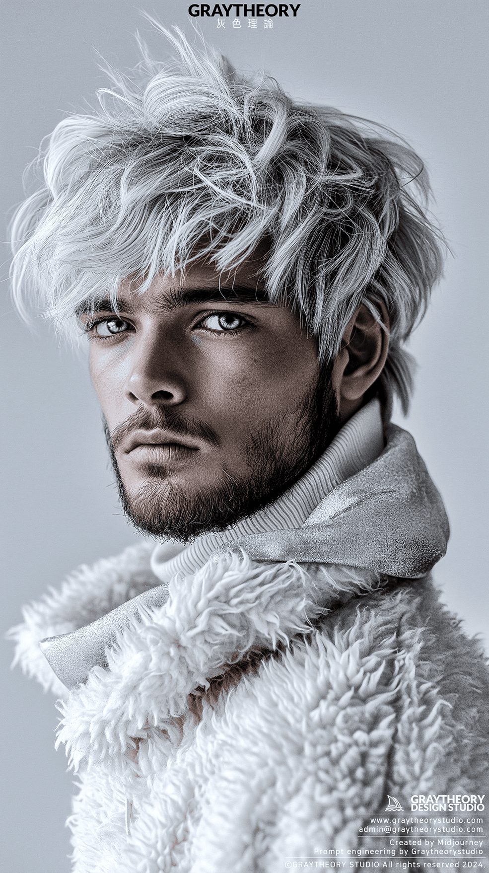 AI generated: Photograph, man, model, minimalist, white and silver hair, beard, gaze, solid white environment, stu...