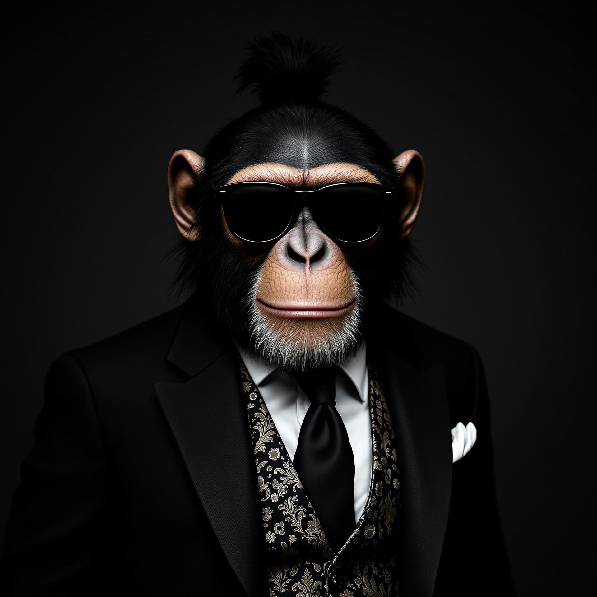 AI generated: portrait of a chimp with a man-bun wearing a black suit with a paisley vest and white shirt and blac...