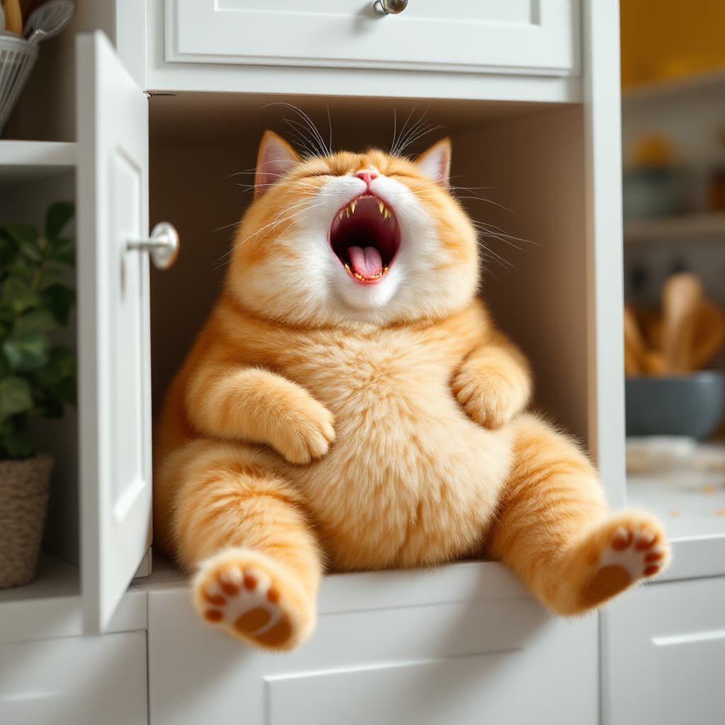 AI generated: An anthropomorphic fat short-haired orange cat sits in a white cabinet, leaning on a pile of open sn...