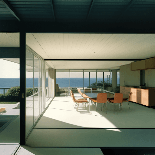 AI generated: Hyper realistic eye level exterior photo of a mid century modern style house overlooking the ocean, ...