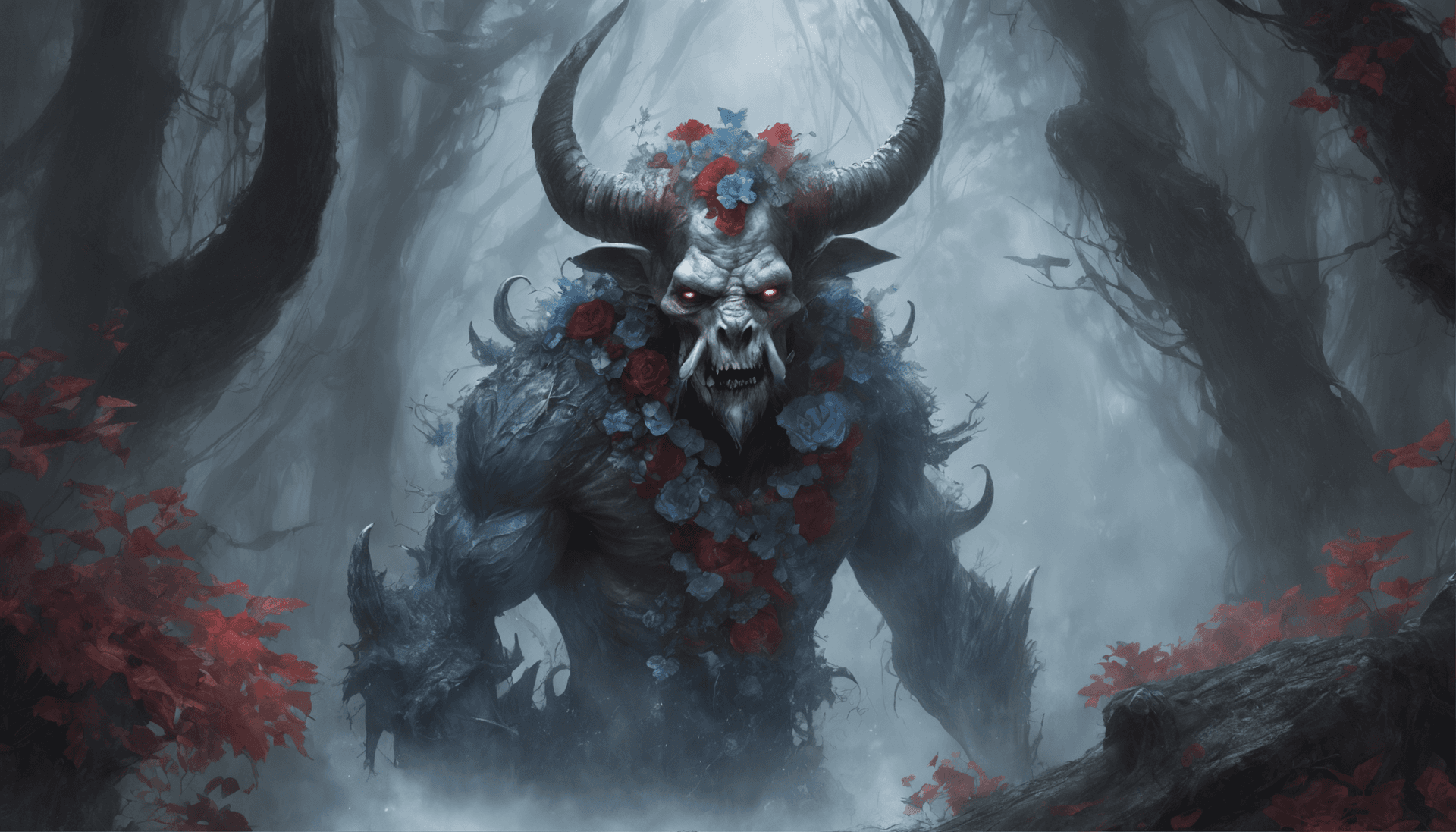 AI generated: A crystal skull surrounded by red and blue roses. Dark Fantasy ethereal and magical, an epic shot wi...