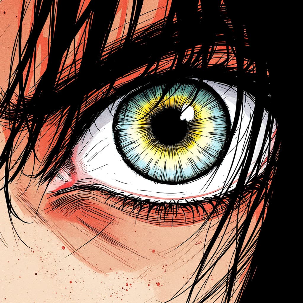 AI generated: manga panel of a close-up eye, intense, in the style of Kentaro Miura and Yoji Shinkawa --ar 63:128 ...
