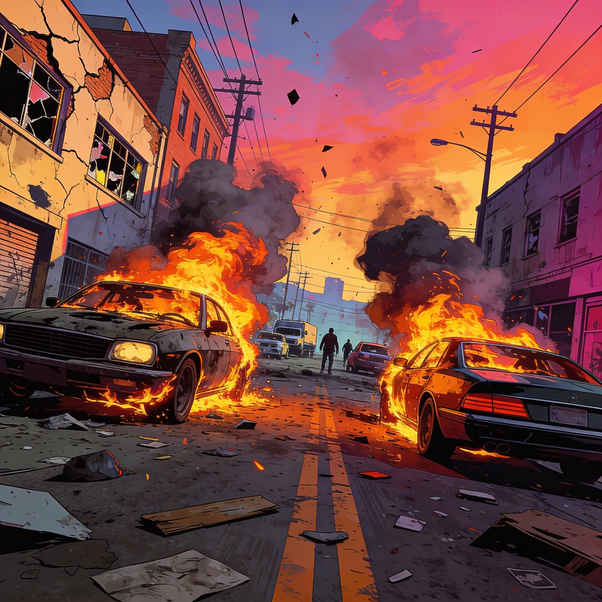 AI generated: gta video game illustrated styled art of abandoned street buildings and a car or 2 are on fire, the ...