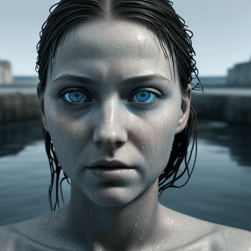 AI generated: the face of woman with beautiful blue eyes, in water, in the style of dystopian realism, realistic p...