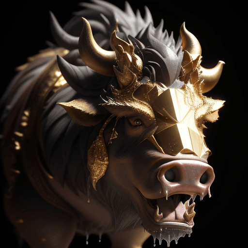 AI generated: ultra photoreal image, 3d octane unreal engine render of a boar head roaring and dripping with gold,...