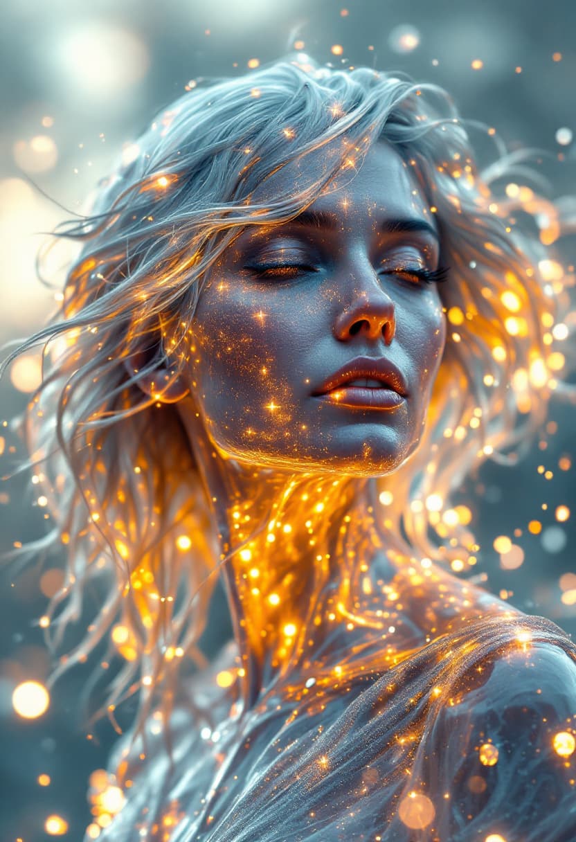 AI generated: A photorealistic 4K image of a [elderly woman] with transparent, crystal-like skin, glowing from wit...