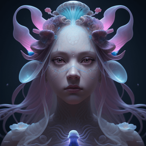 AI generated: Goddess close-up portrait ribcagel. jellyfish phoenix head, nautilus, orchid, skull, betta fish, bio...