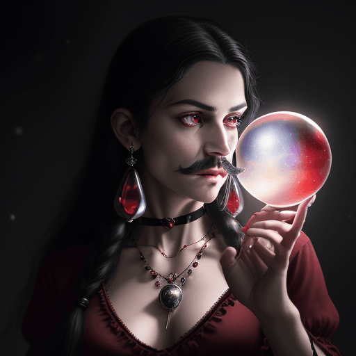 AI generated: vampire Gypsy with thin moustache and red shirt , Crystal ball , hyperrealistic 50mm photograph of m...