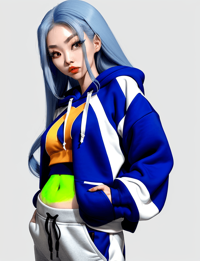AI generated: 1 girl, beautiful Korean girl, (long blue hair), (wearing a cropped hoodie, capri sweatpants:1. 5), ...