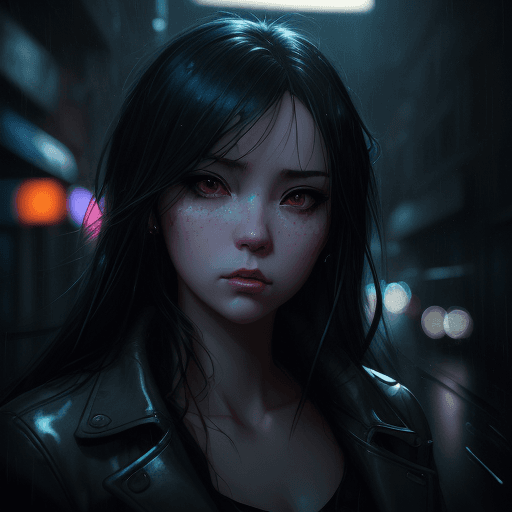 AI generated: a girl in street, in a rainy night, neon lights, hyper realistico rendering, nighttime, wide angle l...