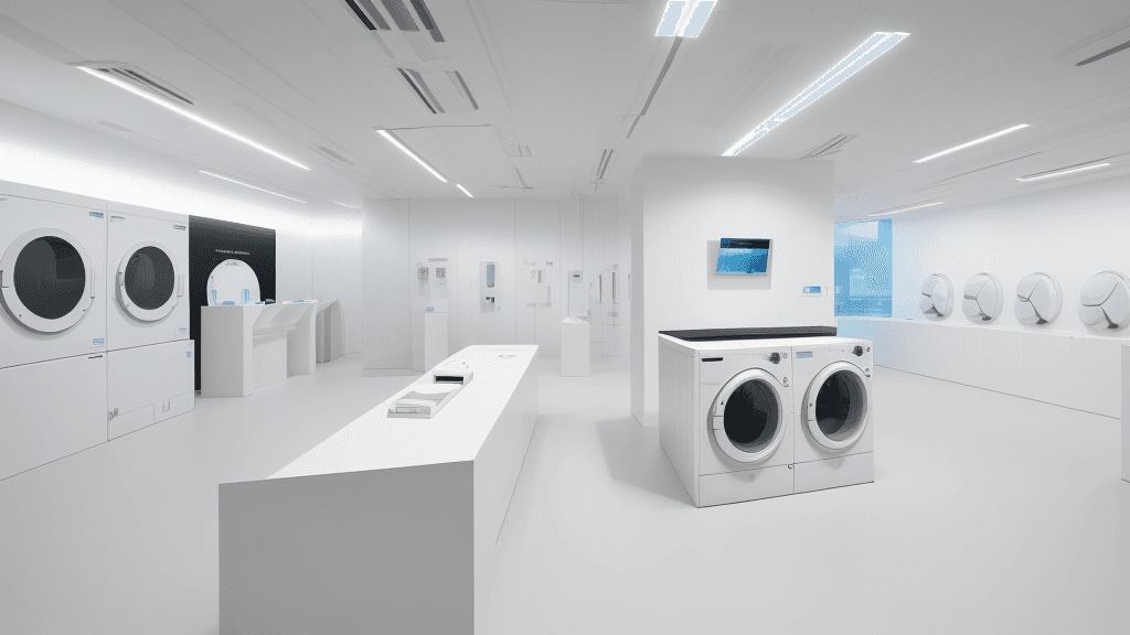 AI generated:  A white high-tech washing machine showroom with a futuristic design style, simple and clean