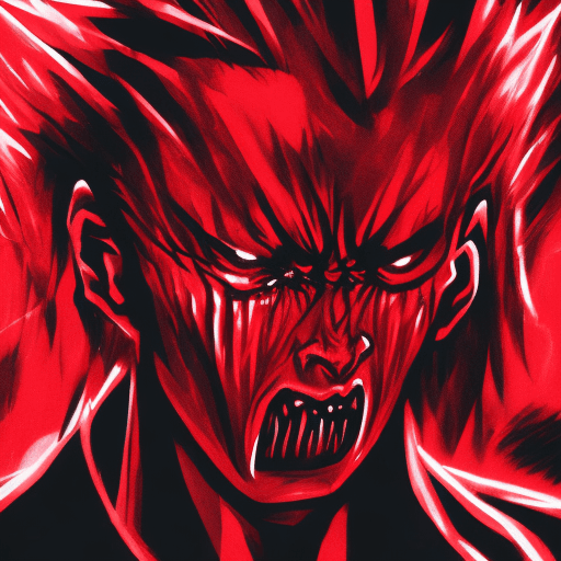 AI generated: Gon freecs, crying, look of fury, intense aura in red and black. Glimpse of a demonic look in the ba...