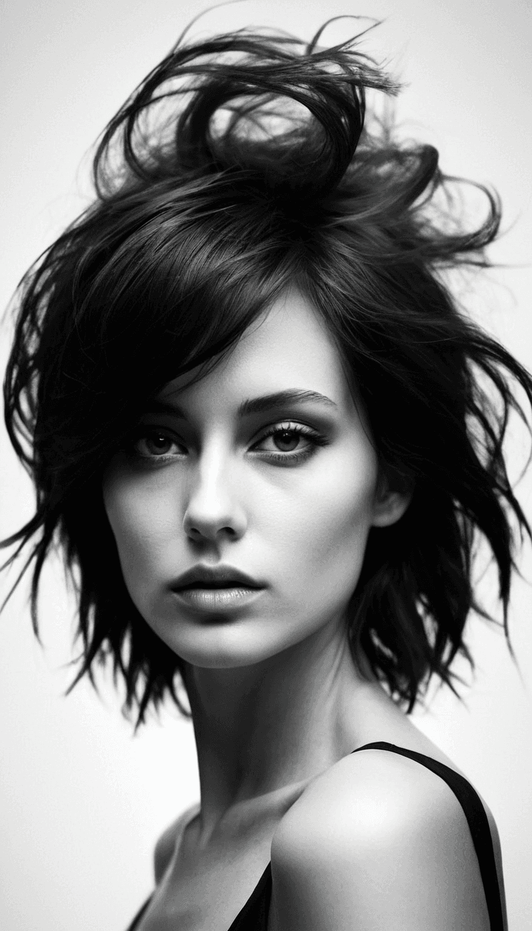AI generated: black and white photography, fashion editorial, a silhouette of woman with abstract short hair in bl...