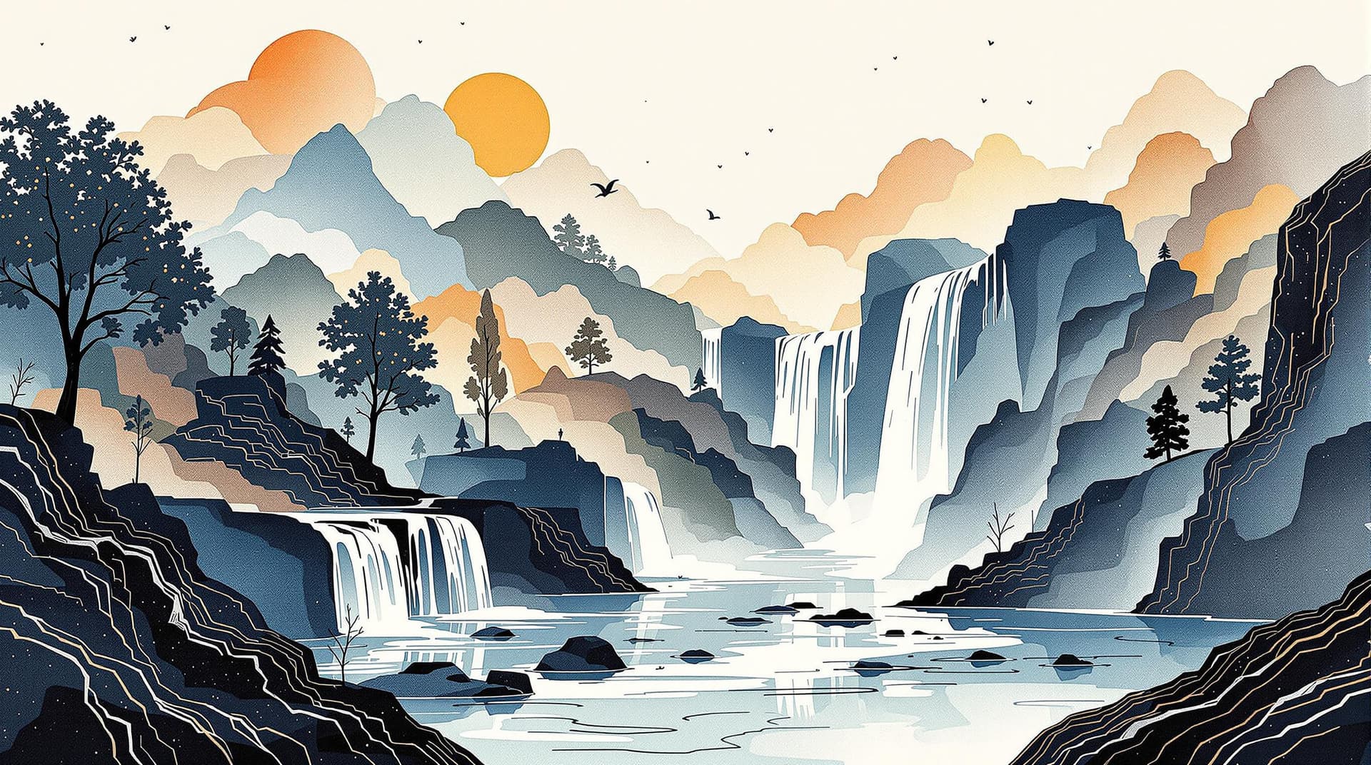AI generated:  minimalisme line art of  paul klee style waterfall landscape and touches of fictive fantasy cool co...