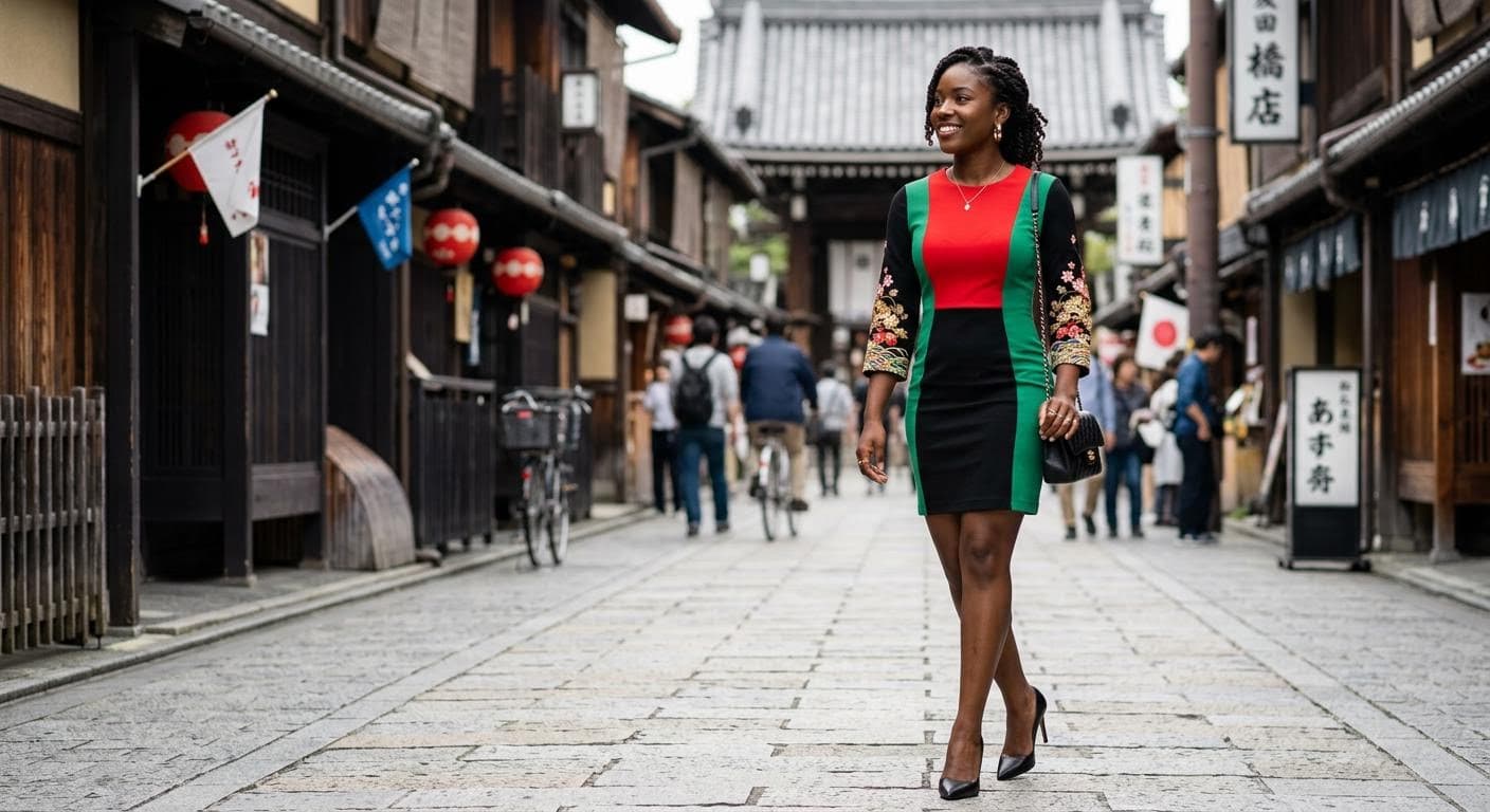 AI generated: a dark-brown-skinned female wearing a fitted colorblock red,green, and black dress with japanese emb...