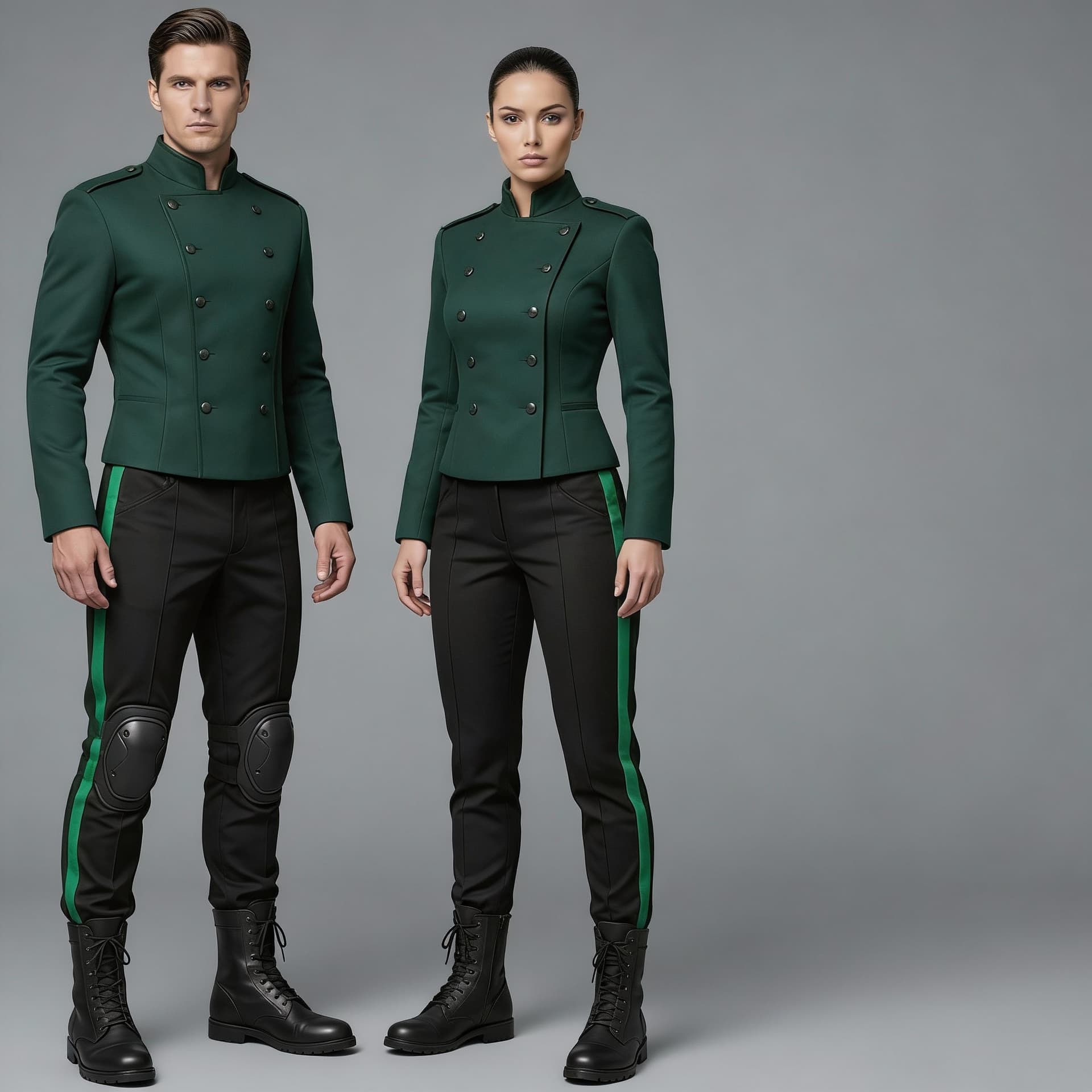 AI generated: Create matching Sci-Fi uniforms. Use the reference image 1, and turn all Dark Blue to Dark Green. Ju...