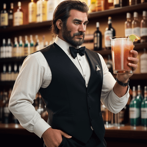 AI generated: I want a brown Tyrannosaurus Rex as a bartender on a suit vest, carrying a tray on his hand with two...