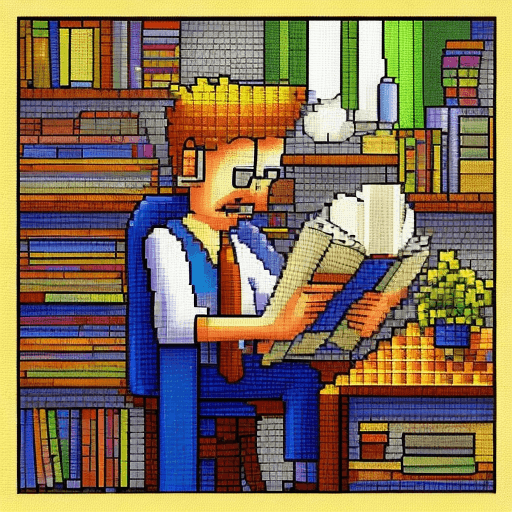AI generated: reading book with man,pixel art