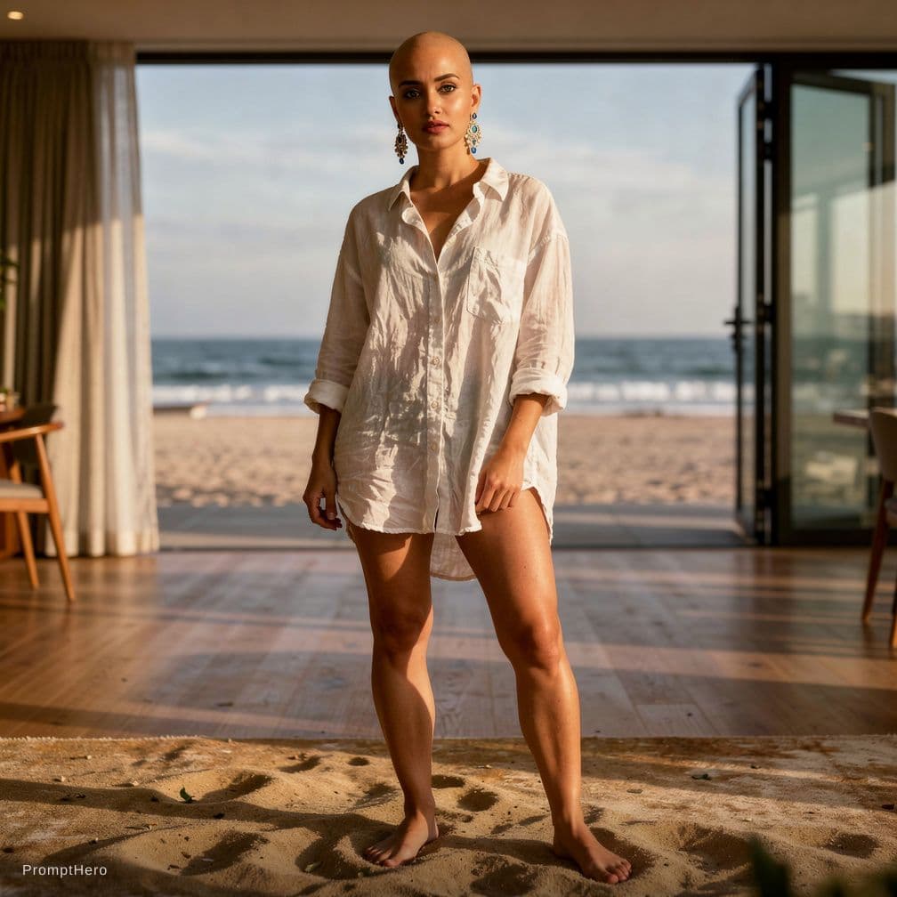 AI generated: cinematic photorealistic portrait of a fit adult woman standing inside a sunlit beach house,warm gol...