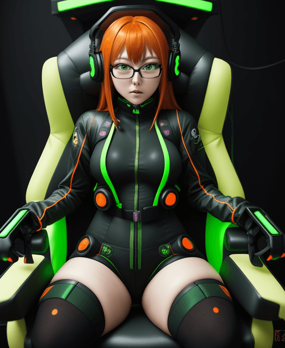 AI generated: Futaba sakura, thick thighs, green and black body suit, bright orange hair, futuristic tech, hypnoti...