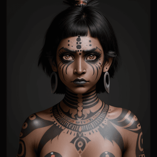 AI generated: indigene warrior princess in a dschungle, with black face paint, black short hair, brown big eyes,  ...