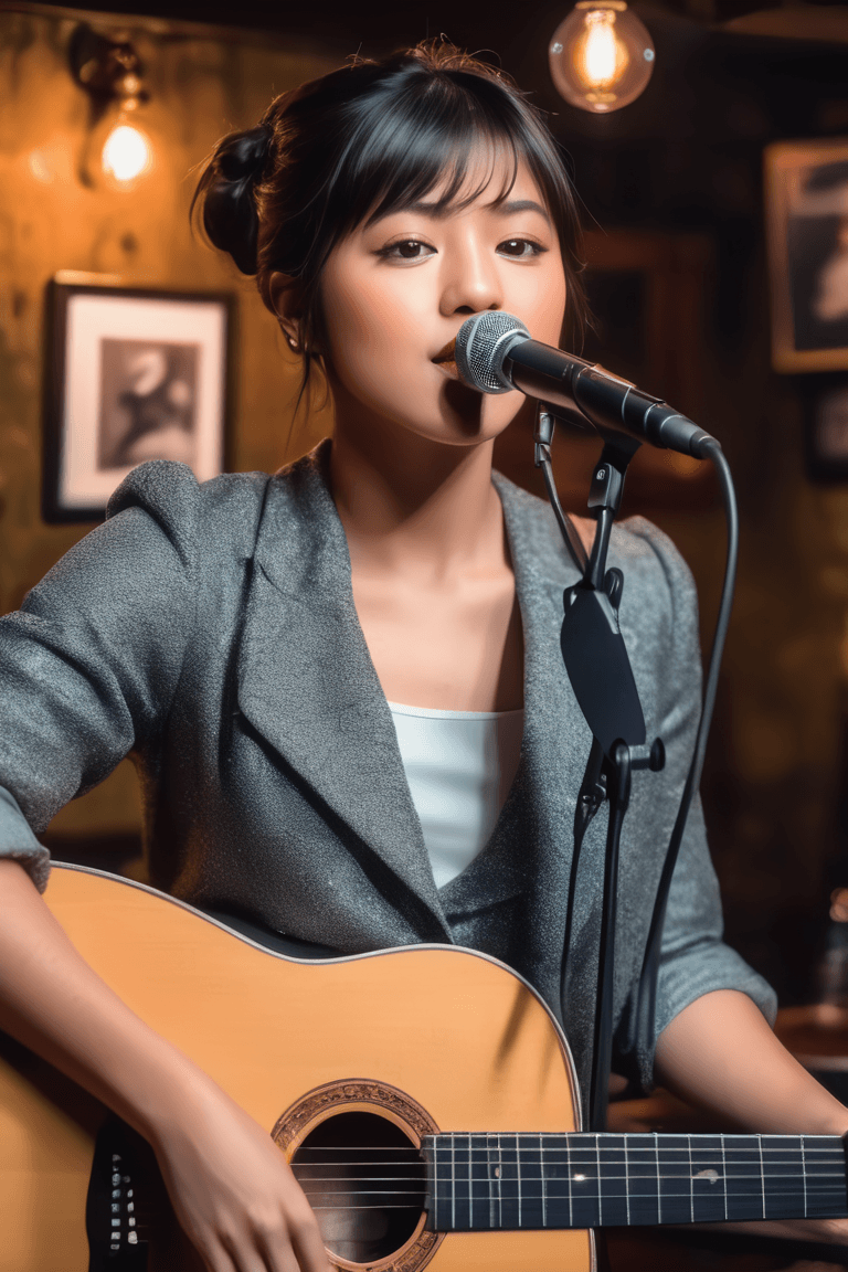 AI generated: In a cozy pub, a talented female singer-songwriter takes the stage, pouring her heart into heartfelt...