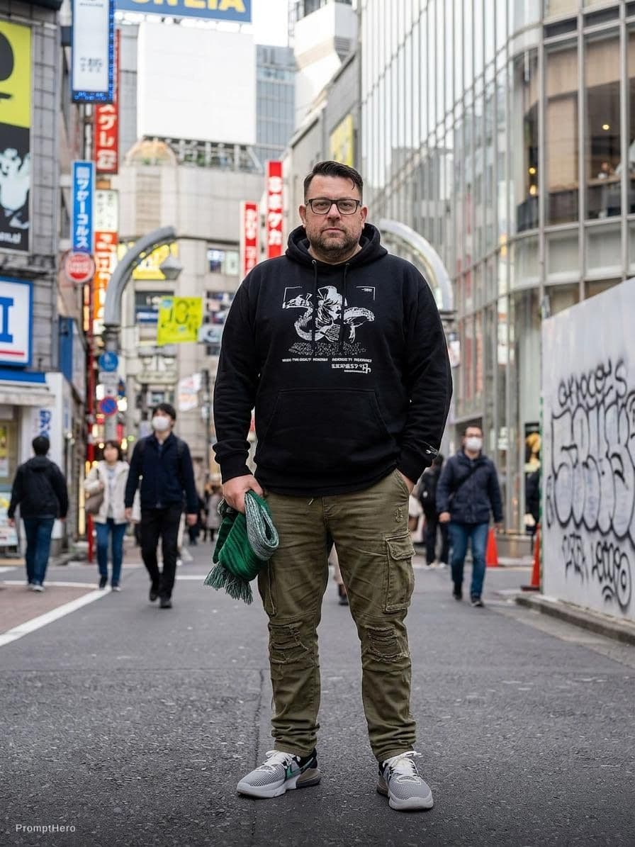AI generated: Realistic image of a man in streetwear, urban fashion, hip-hop influence, modern city background.

